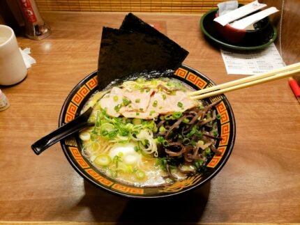 ramen dish on brown ceramic bowl